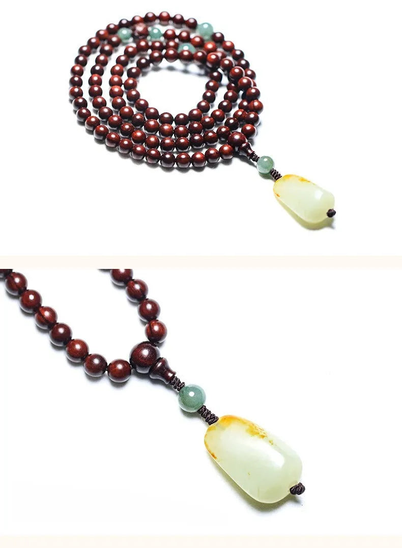 Rosewood bracelet with 108 beads and carved Hotian Jade pendant in national style design