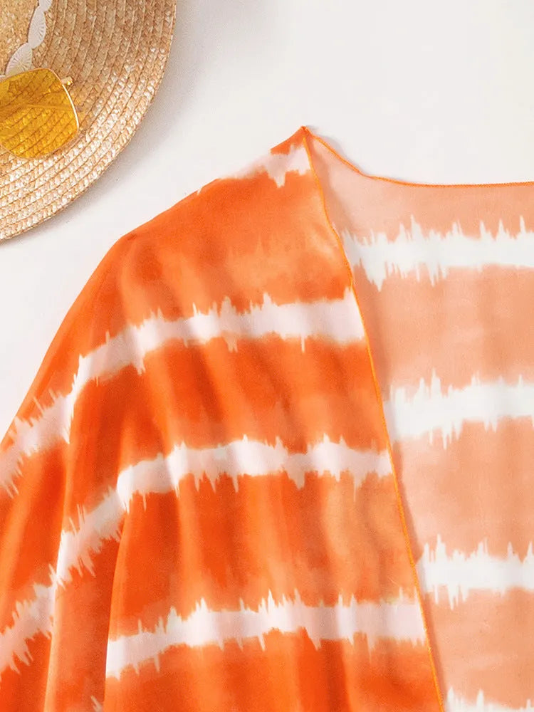 Women's nylon colour block three piece swimsuit set in orange with cardigan
