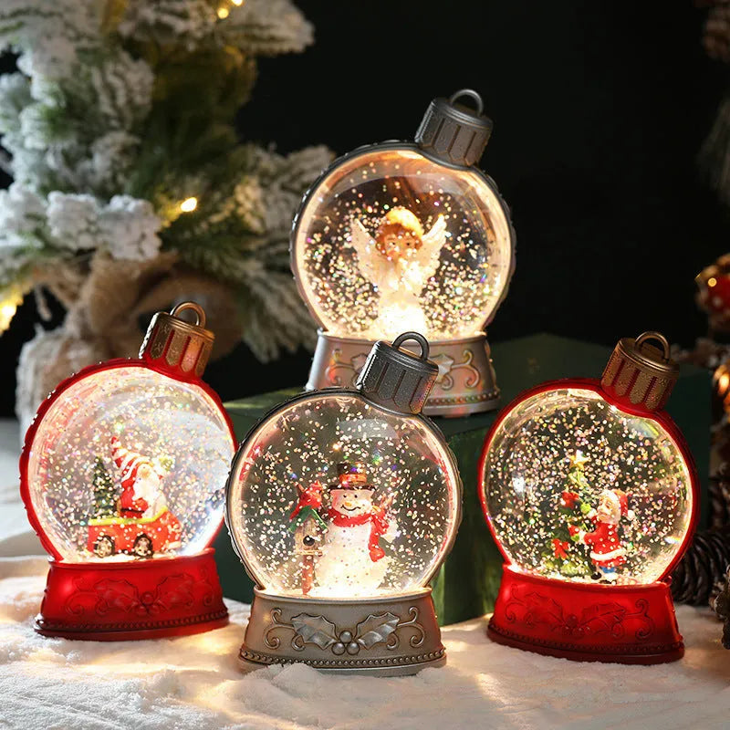 Battery-powered flat LED Christmas light decoration showing four plastic craft designs