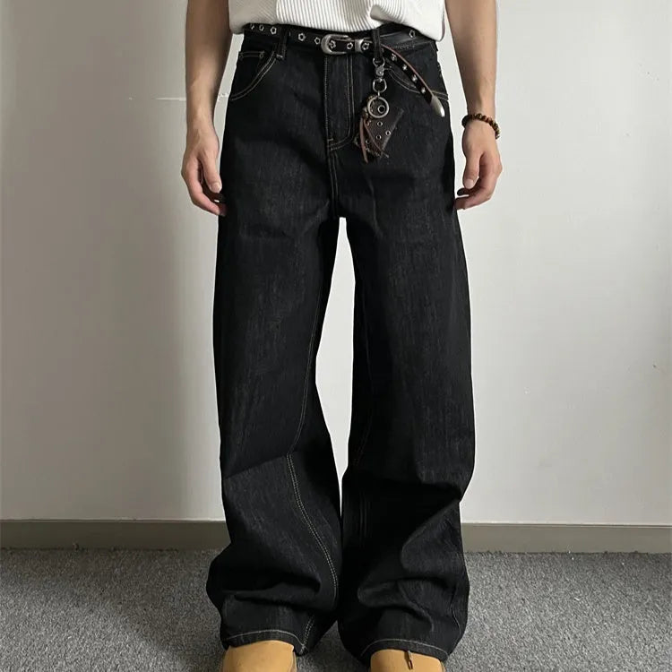 Retro black wide-leg jeans with straight-leg cut and mid waist design