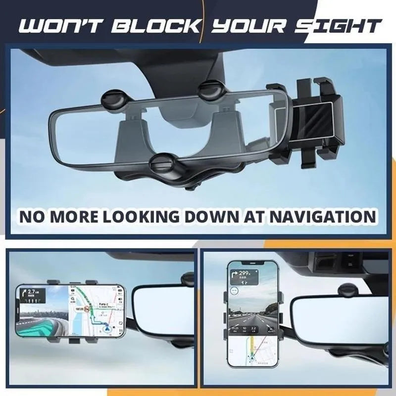 Black rearview mirror car phone holder with telescopic arm and four-claw phone grip in 360-degree rotation.