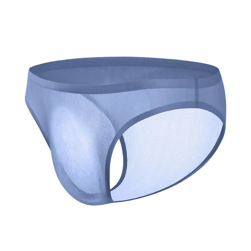 Translucent ice silk men's seamless briefs in striped patterns showing low waist design