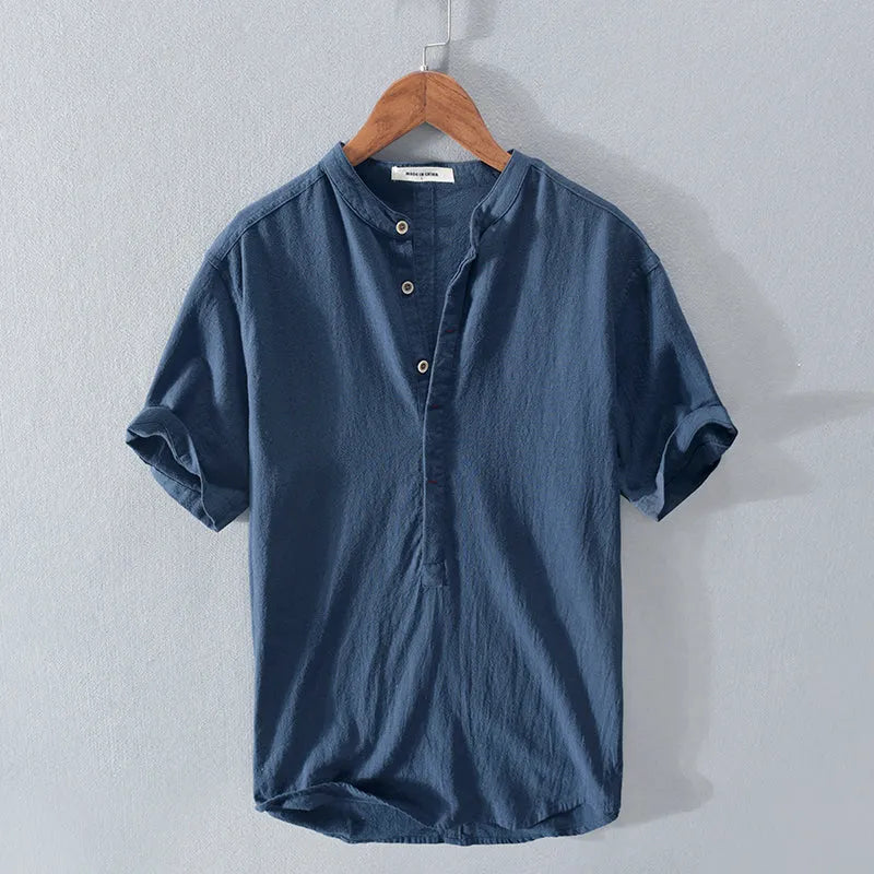 Men's stand collar Japanese ice silk linen short sleeve T-shirt in Beige, loose fit, button front, retro style