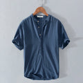 Men's stand collar Japanese ice silk linen short sleeve T-shirt in Beige, loose fit, button front, retro style