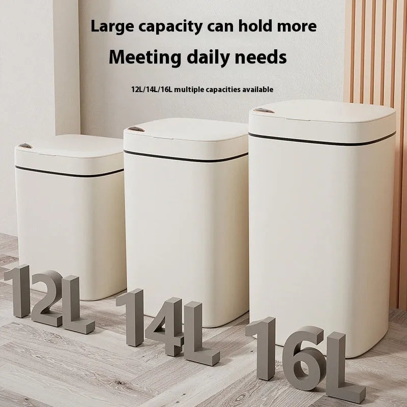 Square white automatic induction kitchen bin with sensor lid open, showing interior.