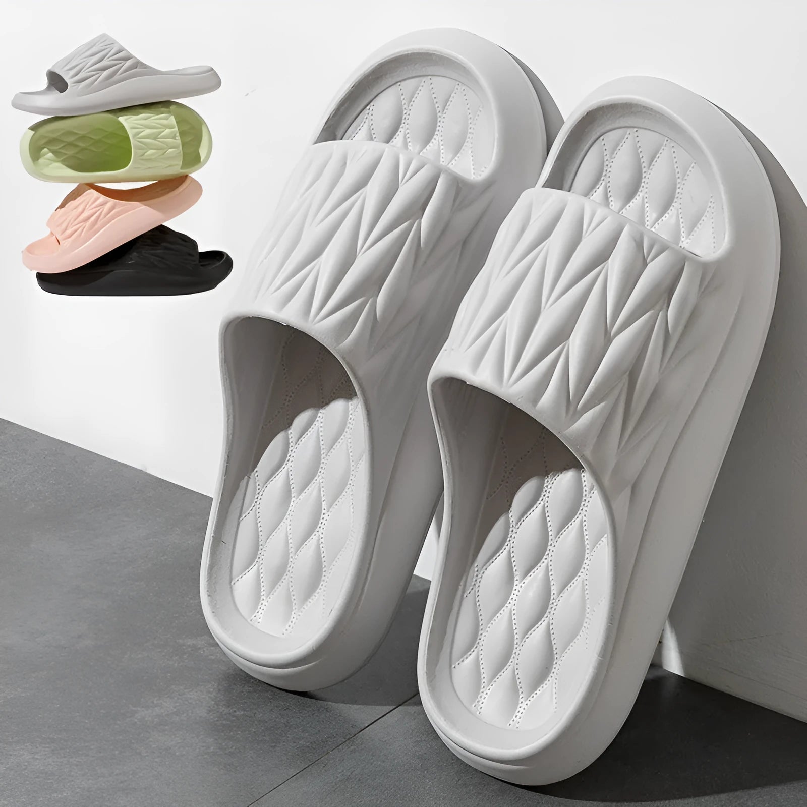 Leaf texture design EVA slippers for men and women in various colours, showing anti-slip sole.