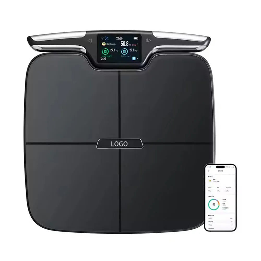 Black eight-electrode body fat and weighing scale on a floor.