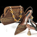 Women's pointed toe high heel shoes with wine glass stiletto heel and matching small bag in a selection of colours.