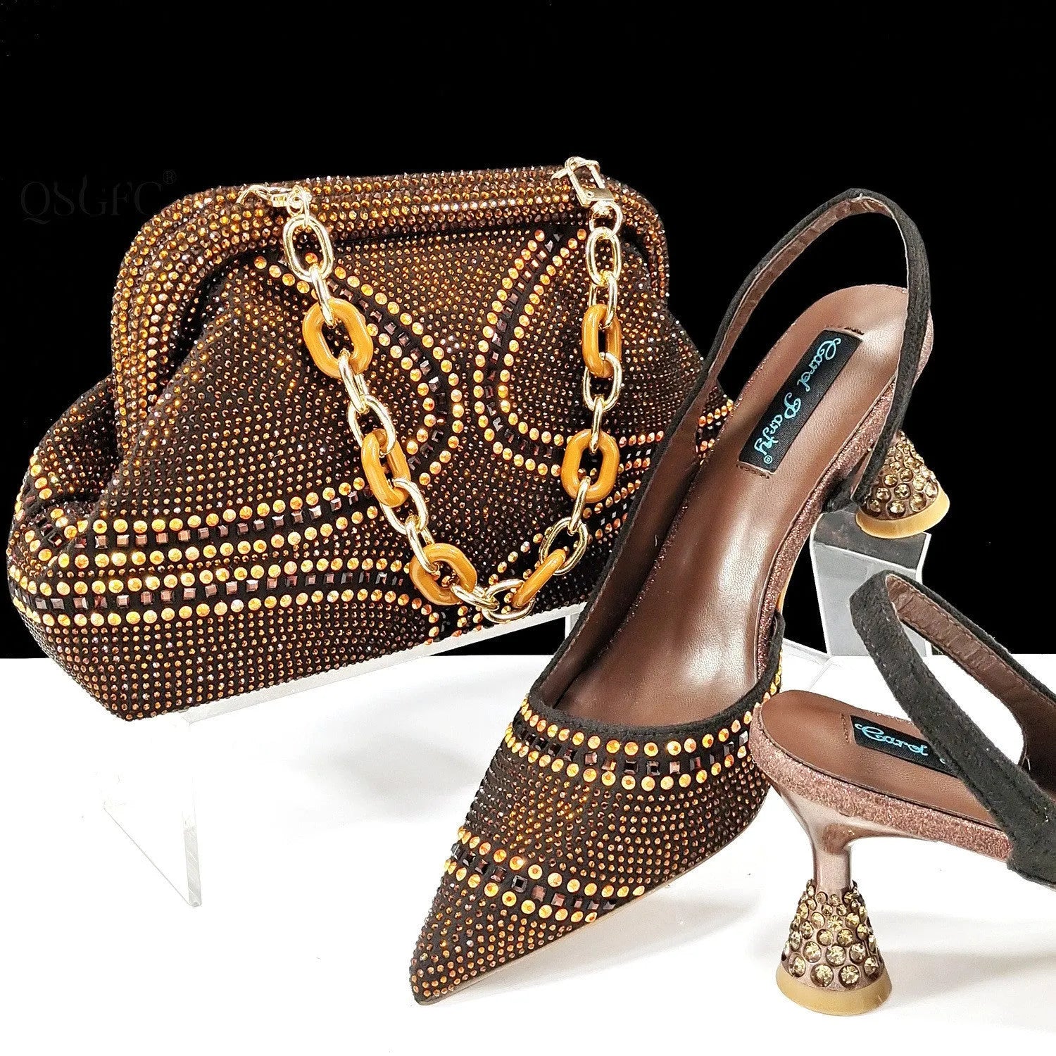 Women's pointed toe high heel shoes with wine glass stiletto heel and matching small bag in a selection of colours.