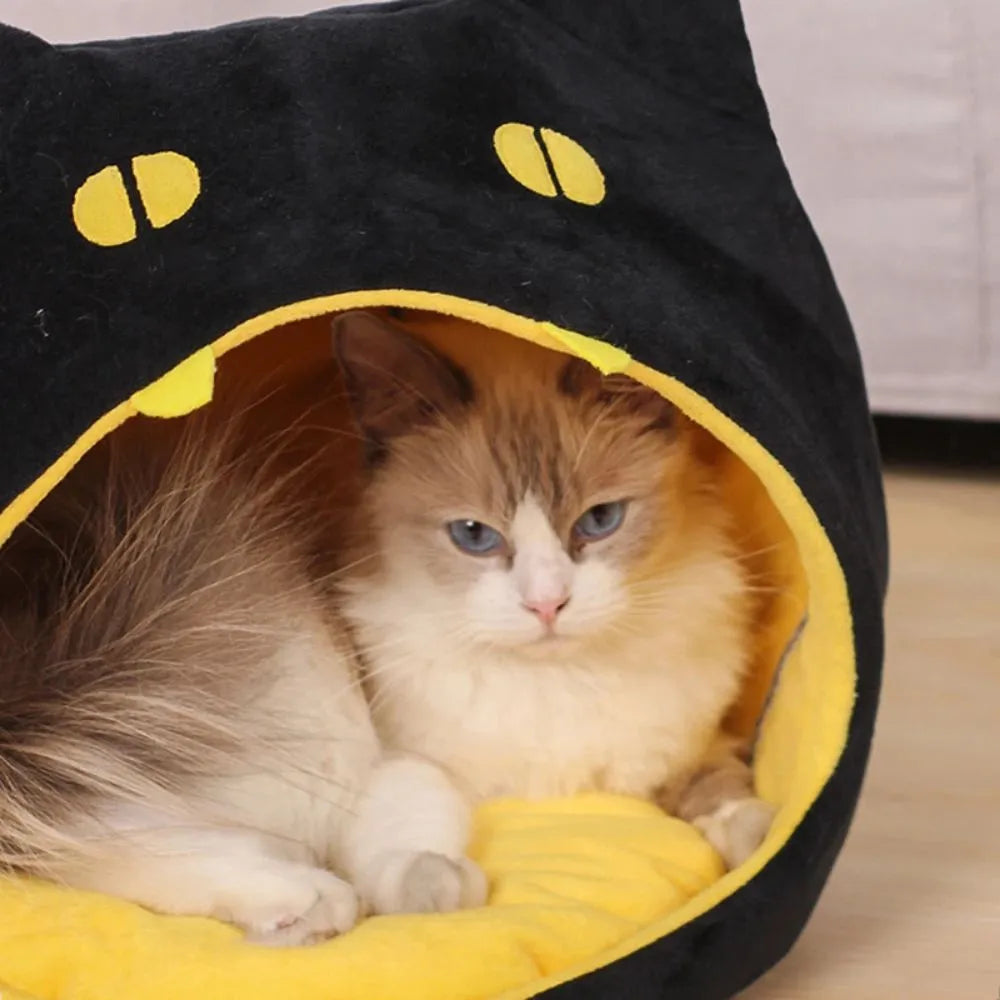 Cat-shaped covered pet bed with plush material and anti-slip bottom in two size options