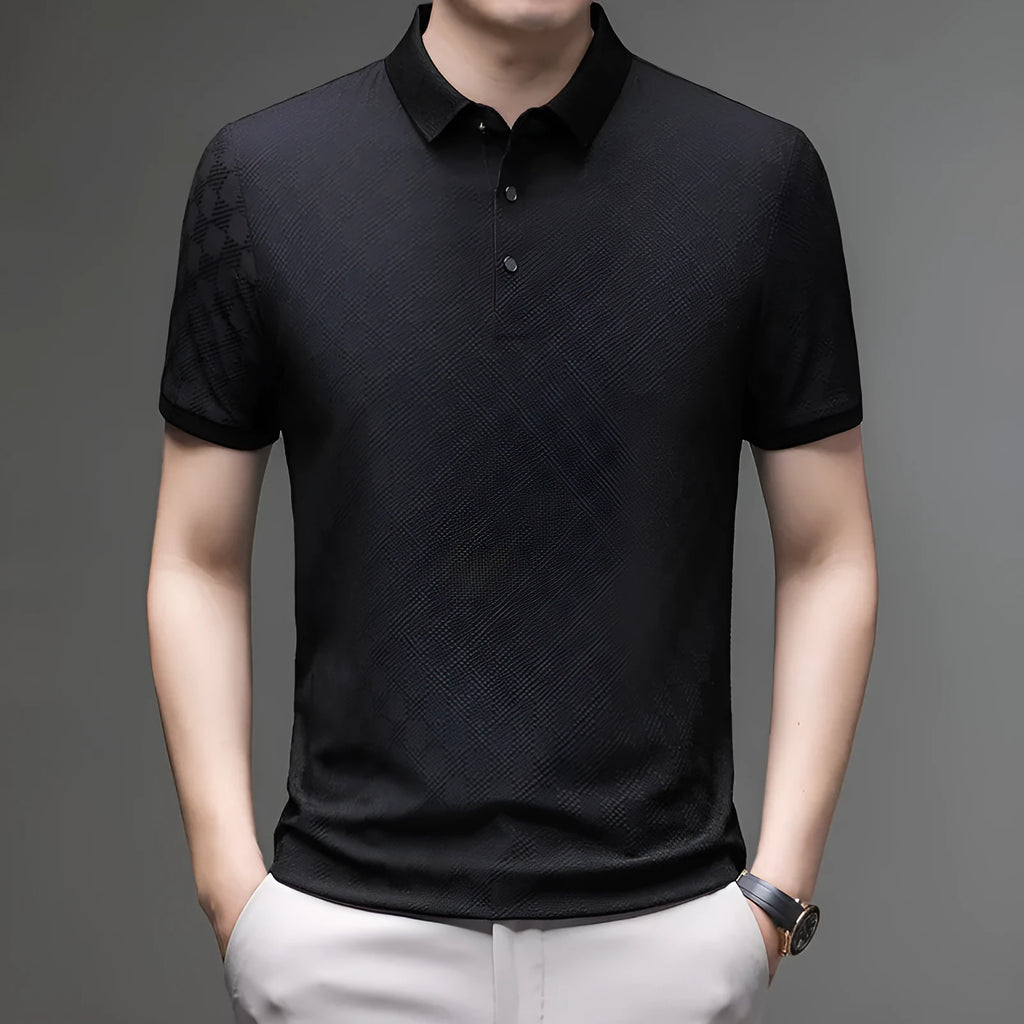 Rhombus brand thin ice silk short sleeve t-shirt with a slit design detail, shown in black.