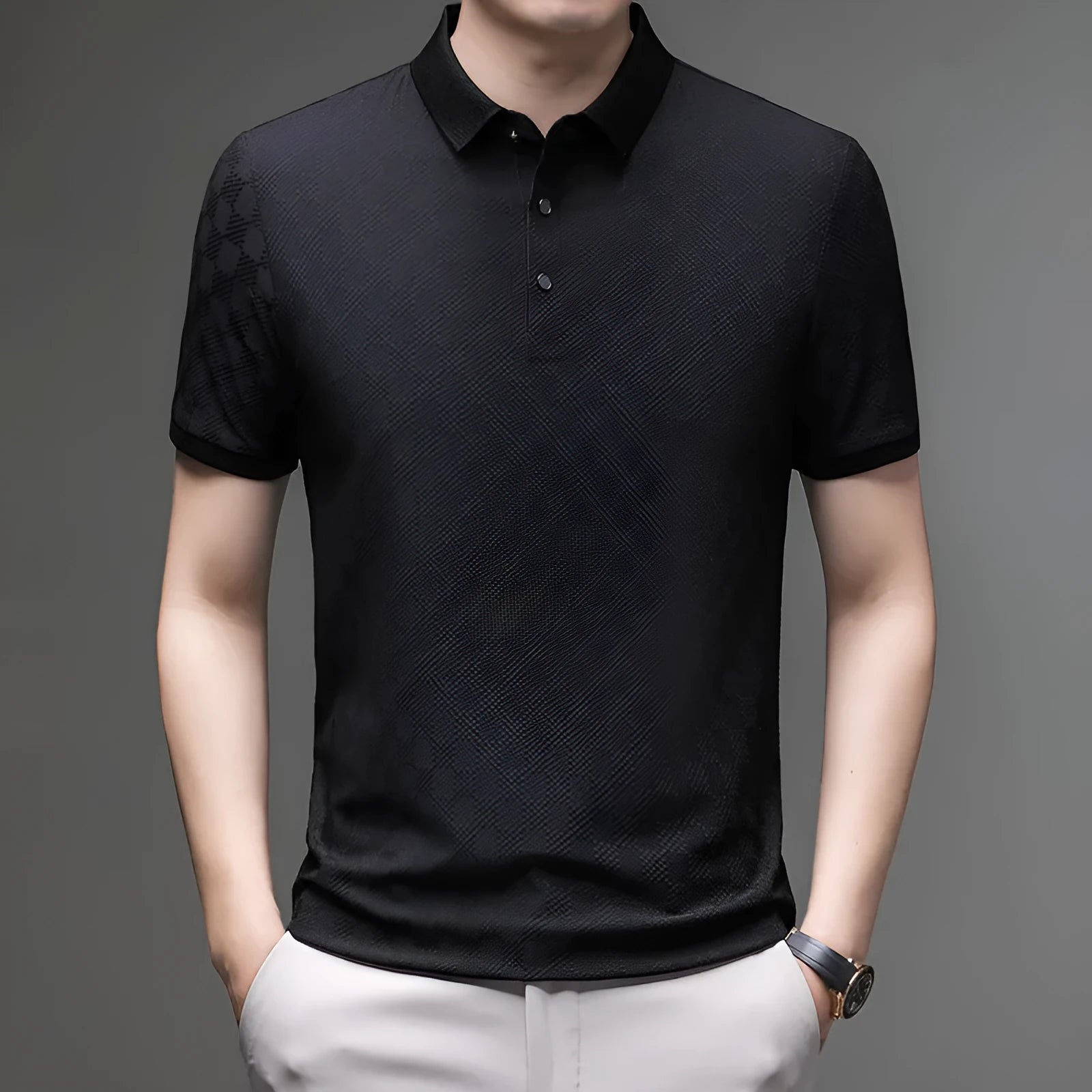 Rhombus brand thin ice silk short sleeve t-shirt with a slit design detail, shown in black.