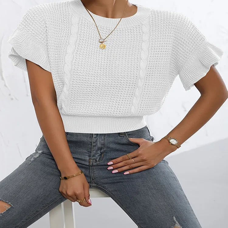 Twisted string pattern knitted sweater with ruffled short sleeves in Japanese Korean style