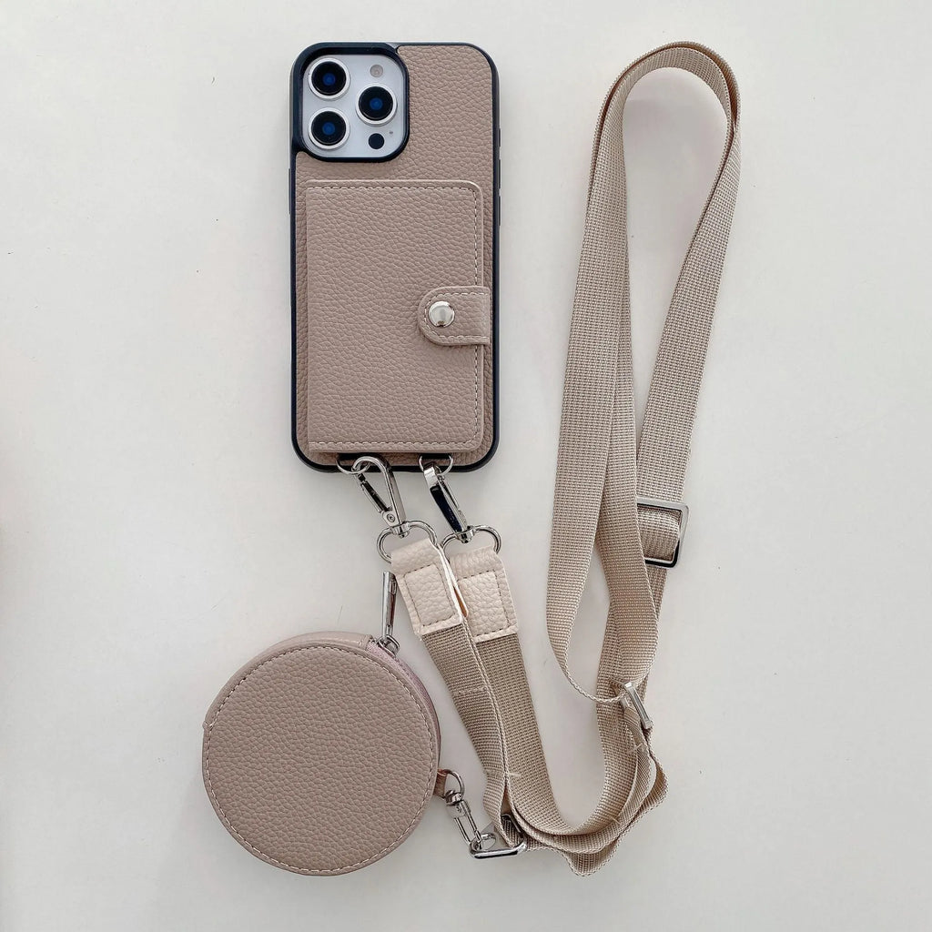 Black PC leather card holder phone case for iPhone with wrist lanyard attached.