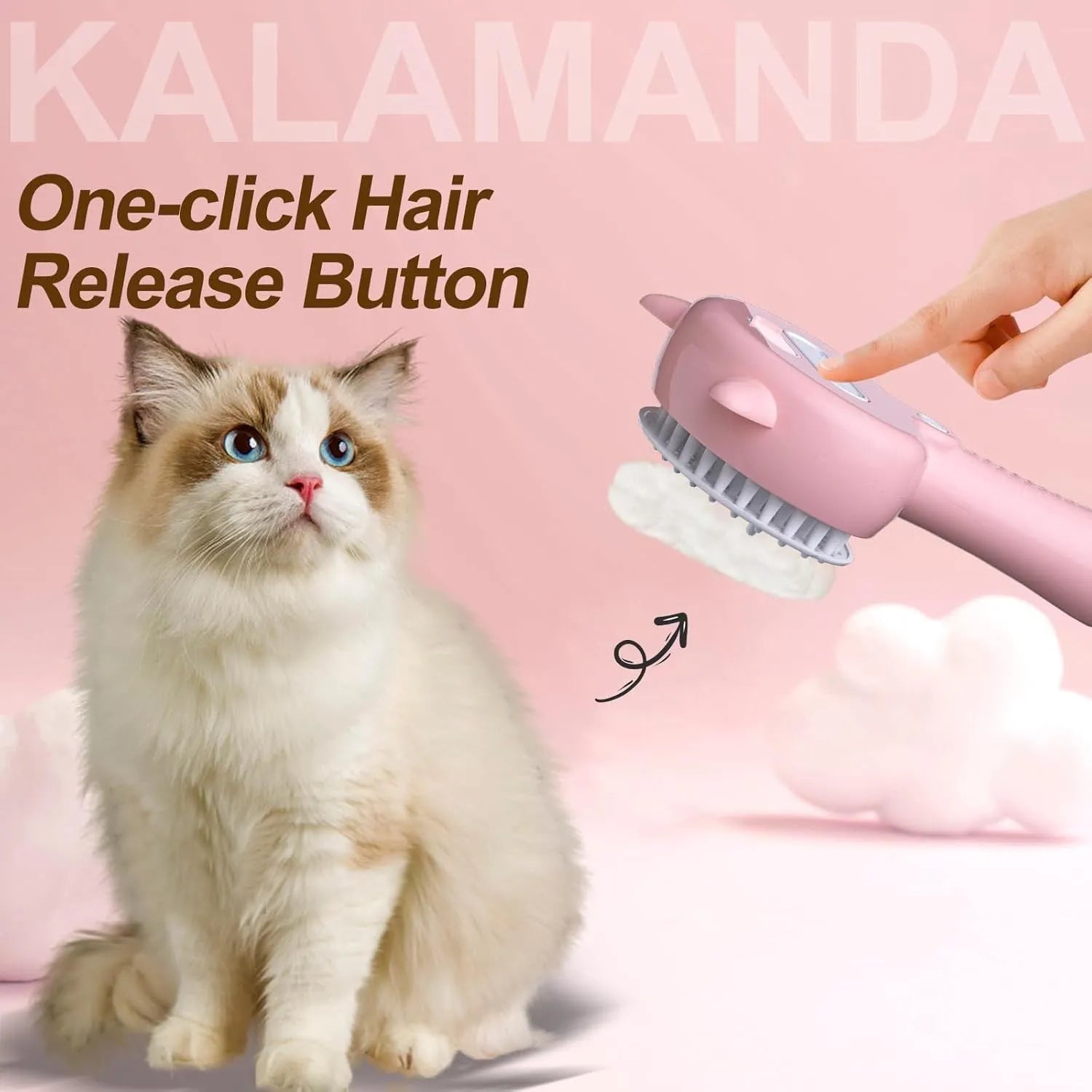 Blue cat steam brush with ergonomic handle and release button for pet grooming