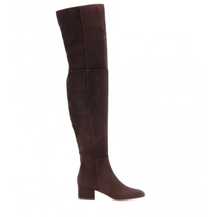 Grey suede women's flat over-the-knee boots with a pointed toe and thick low heel