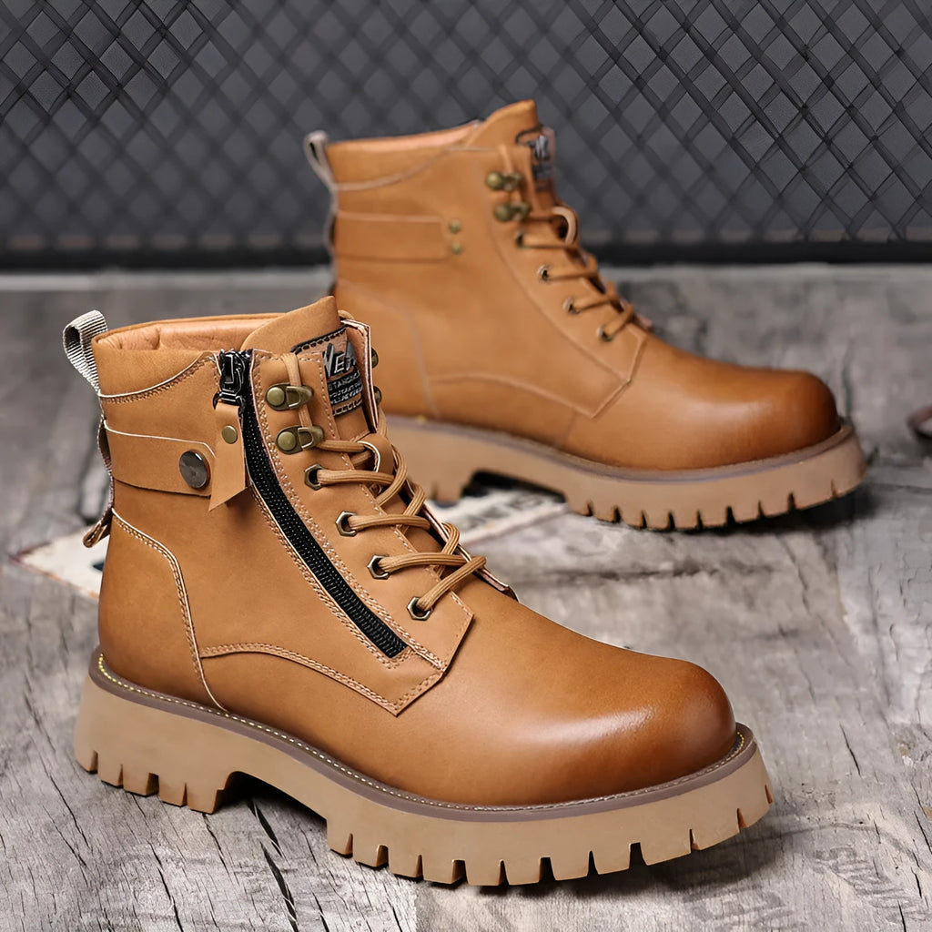 Men's brown leather high-top boots with side zip and mid heel