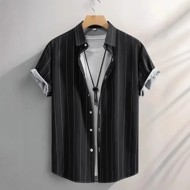 Men's striped short sleeve shirt with stand collar in loose cardigan style for summer