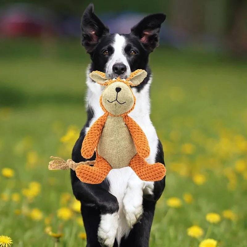 Four animal-shaped dog plush toys with squeakers: donkey, elephant, orangutan and rabbit designs