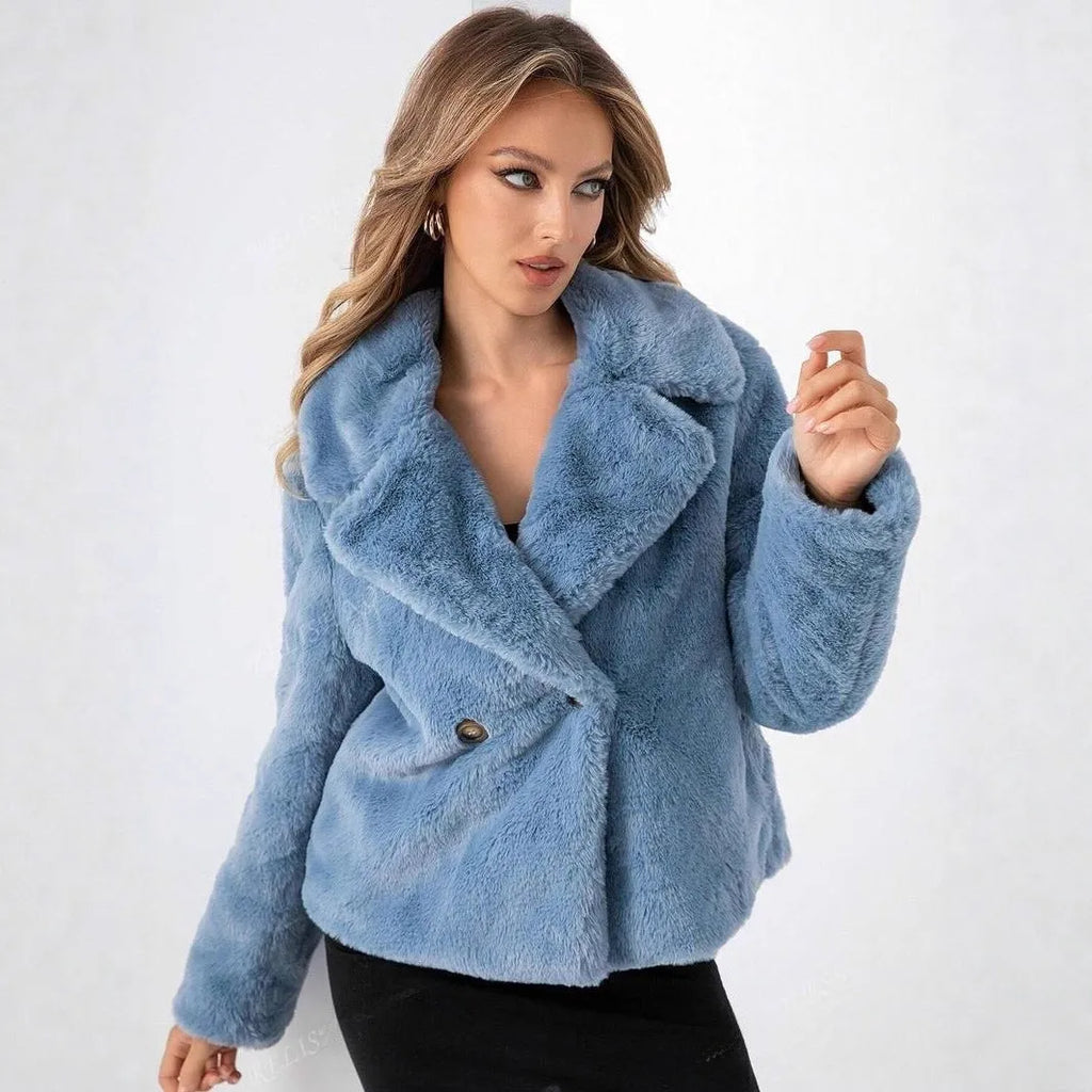 Women's loose-fit faux fur coat in rose red, shown with regular sleeves and a 50cm length.