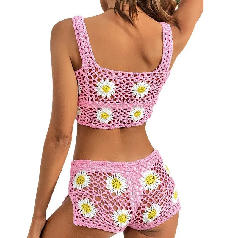 Women's floral vest bikini swimsuit in light green or pink hollow yarn acrylic fabric