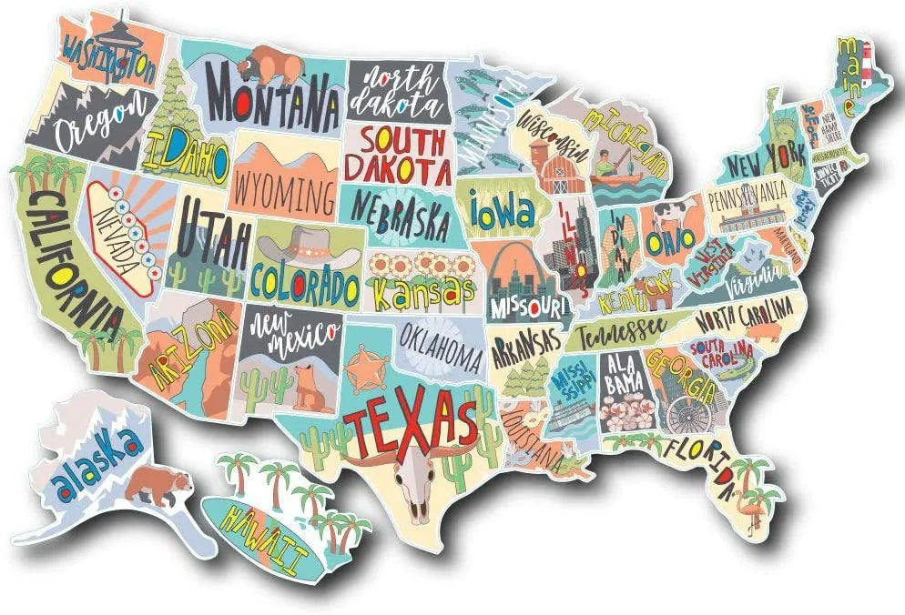 Travel-themed vinyl sticker set showing letter stickers and a world map design on white backing paper.