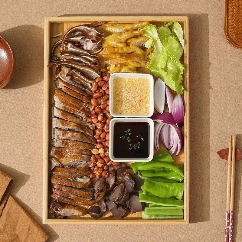 Brown handled bamboo barbecue tray square serving plate on table