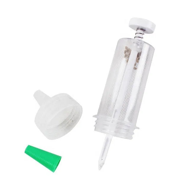 Plastic mini sower seed dispenser tool, 12cm length, for seeding pots and trays.