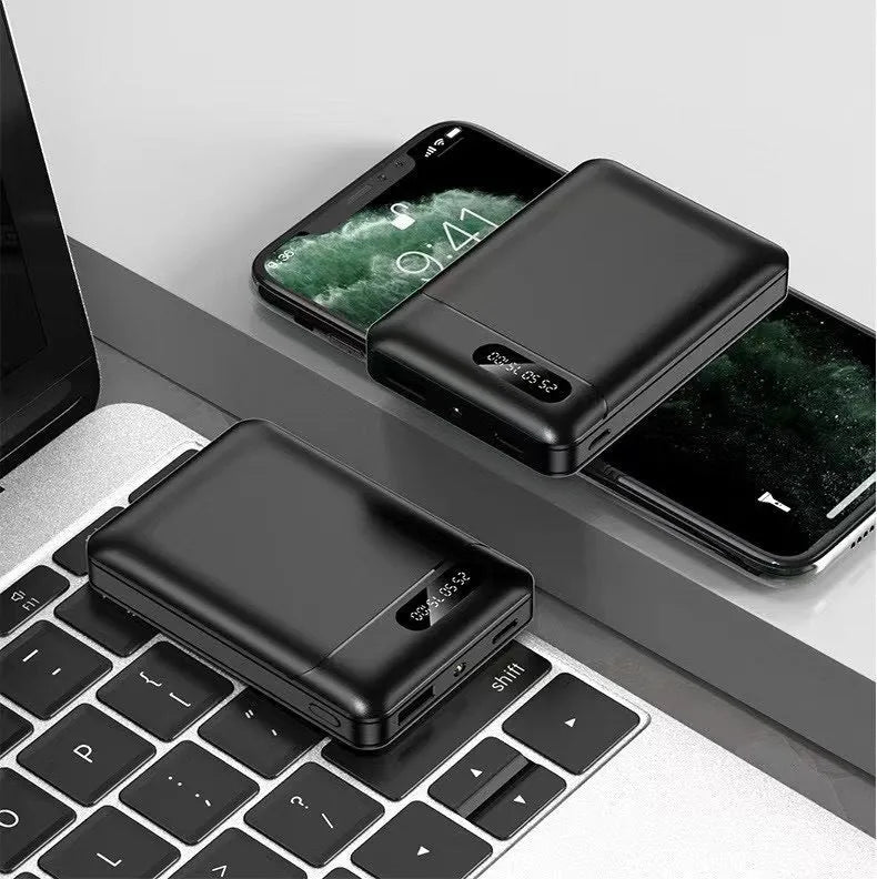 White and black portable power bank with 10000 mAh capacity and multiple USB charging ports