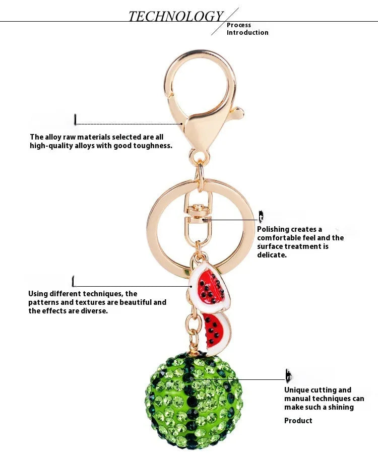 Green zinc alloy watermelon keychain with diamond pattern measuring 12 cm