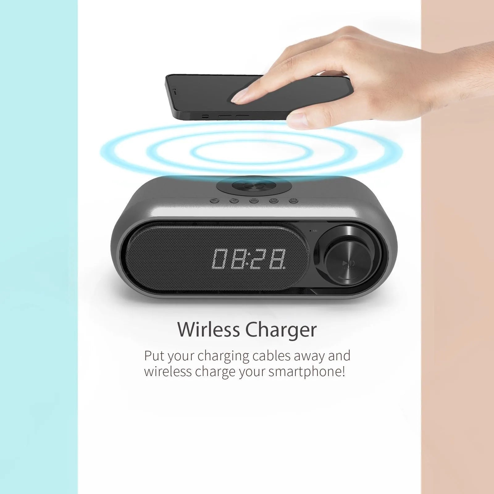 Bedside wireless charging alarm clock with Bluetooth audio and LED display in space grey
