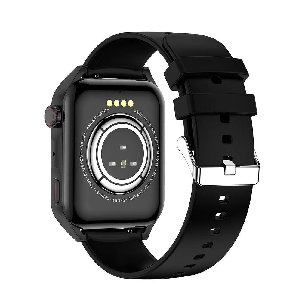 Pink smart watch with HD AMOLED screen and silicone strap on a wrist, showing a custom watch face dial.