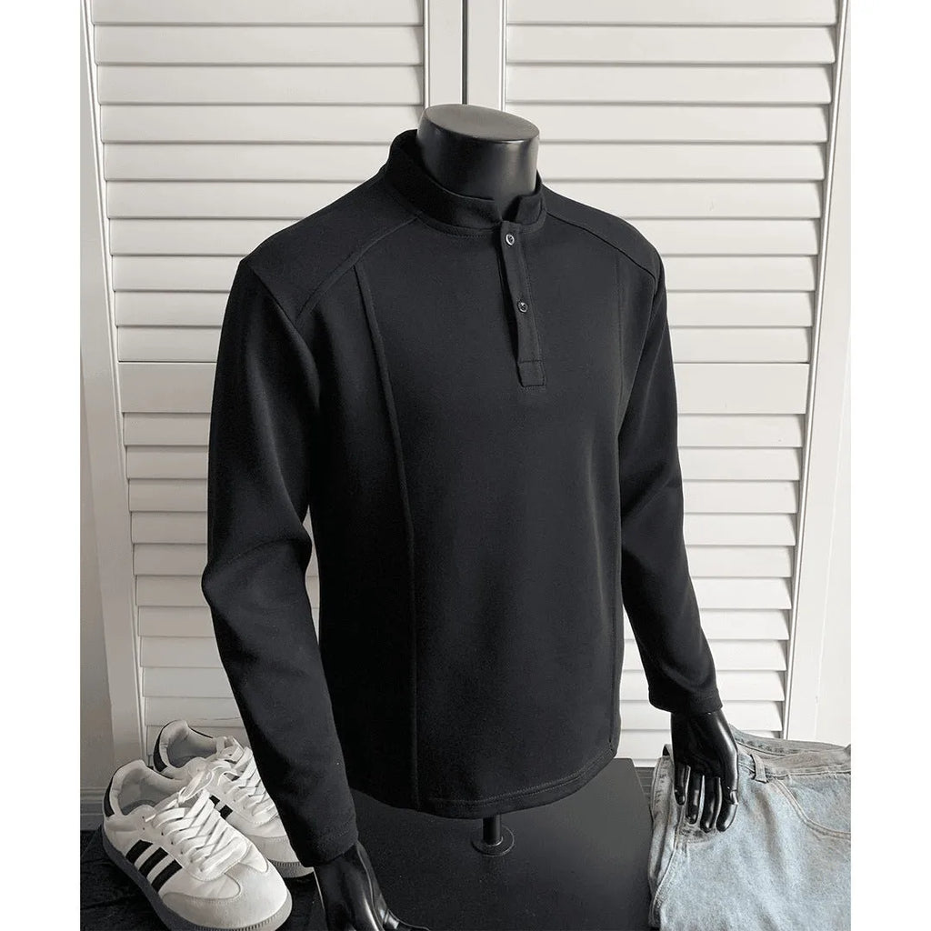Men's loose fit polo shirt with patchwork stand-up collar and asymmetrical design in grey and black colours