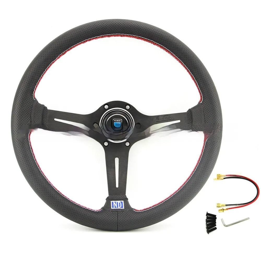 14-inch leather steering wheel with a concave rim and black metal skeleton spokes.
