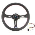 14-inch leather steering wheel with a concave rim and black metal skeleton spokes.