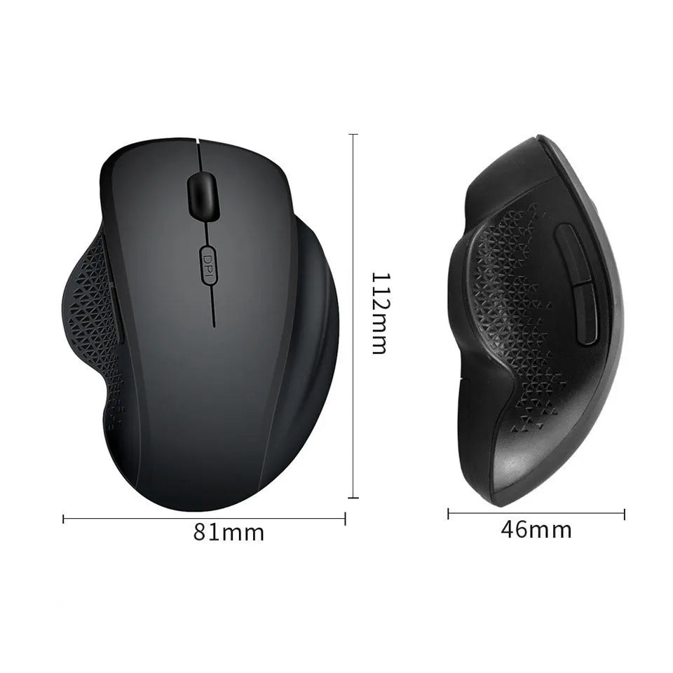 Black and grey wireless computer mouse with USB charger on white background