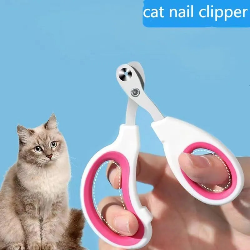 Blue pet nail clippers with a circular cutting hole and cushioned non-slip handles.
