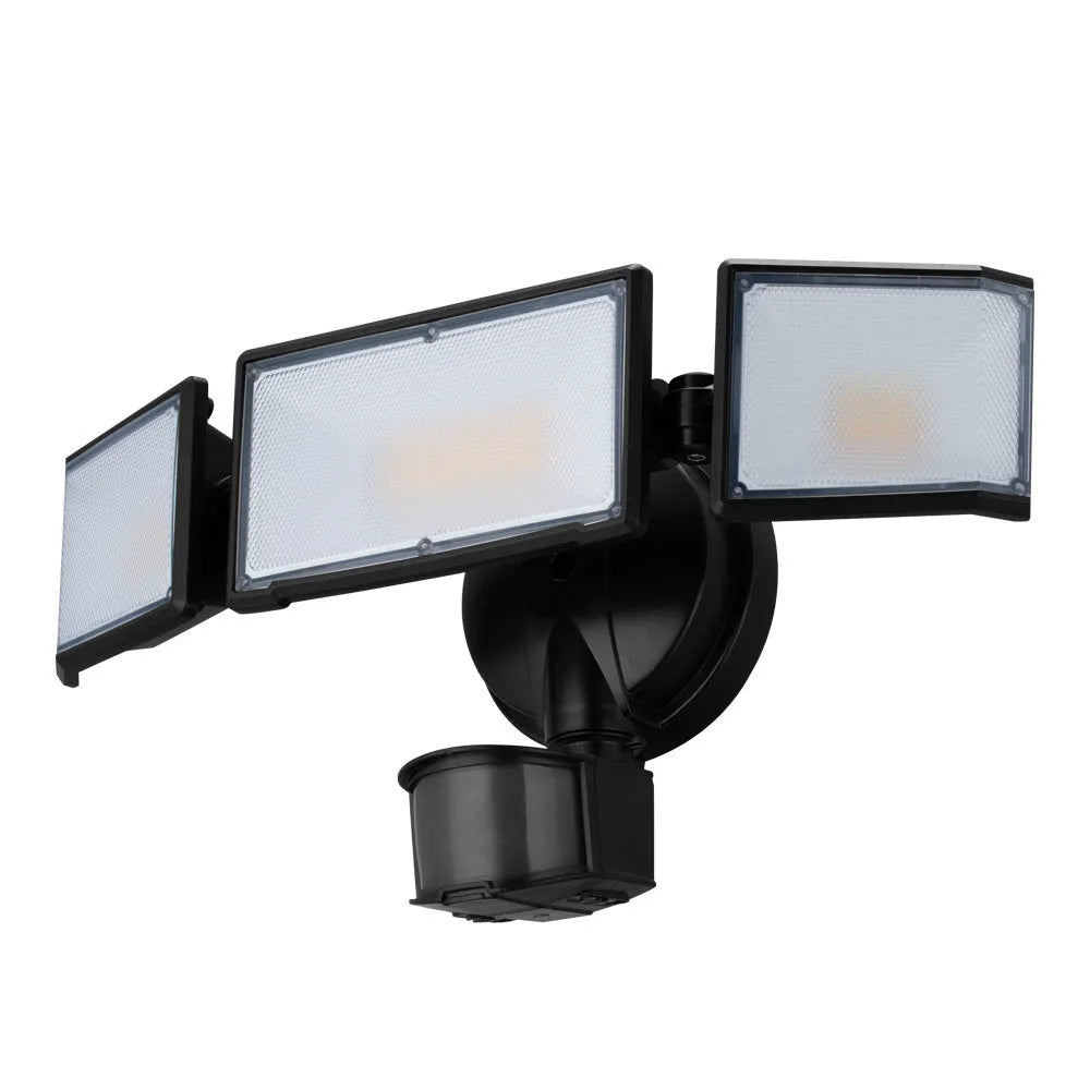 White or black LED motion sensor flood light with 120V input for outdoor security lighting
