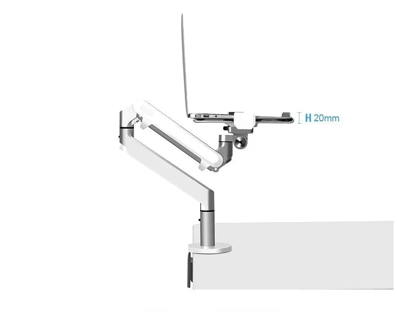 Silver aluminium alloy computer stand with hover bracket design supporting a laptop