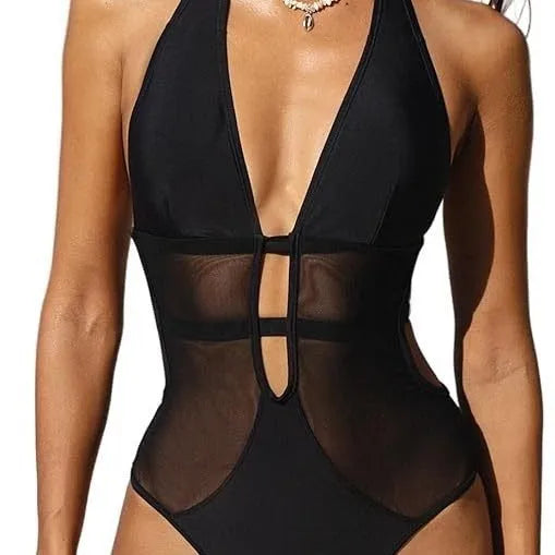 Black women's one-piece swimsuit with V-neck and mesh hanging neck detail