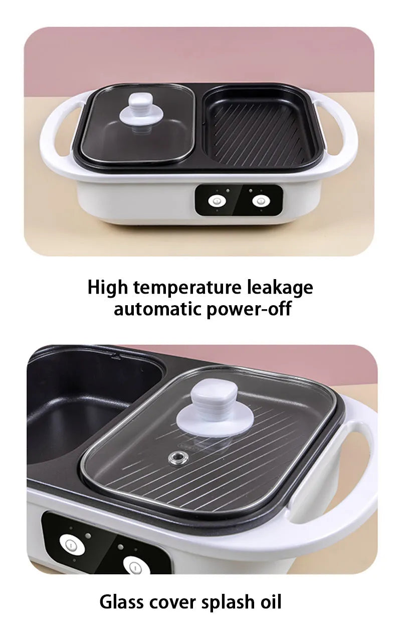 White or green household electric hot pot with mechanical controls, shown with dimensions.