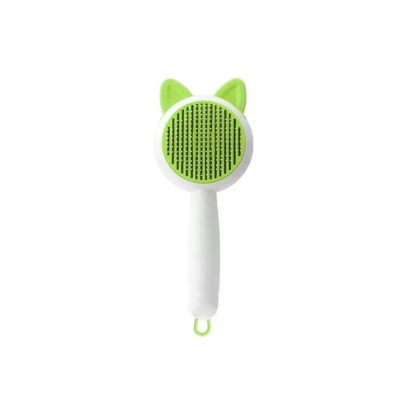 Self-cleaning pet grooming brush with stainless steel teeth and TPR massage nodules in greenish white colour