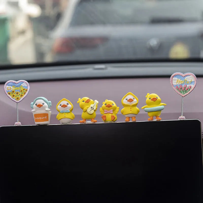 PVC cartoon duckling car decoration set with six small ducks and one welcome sign