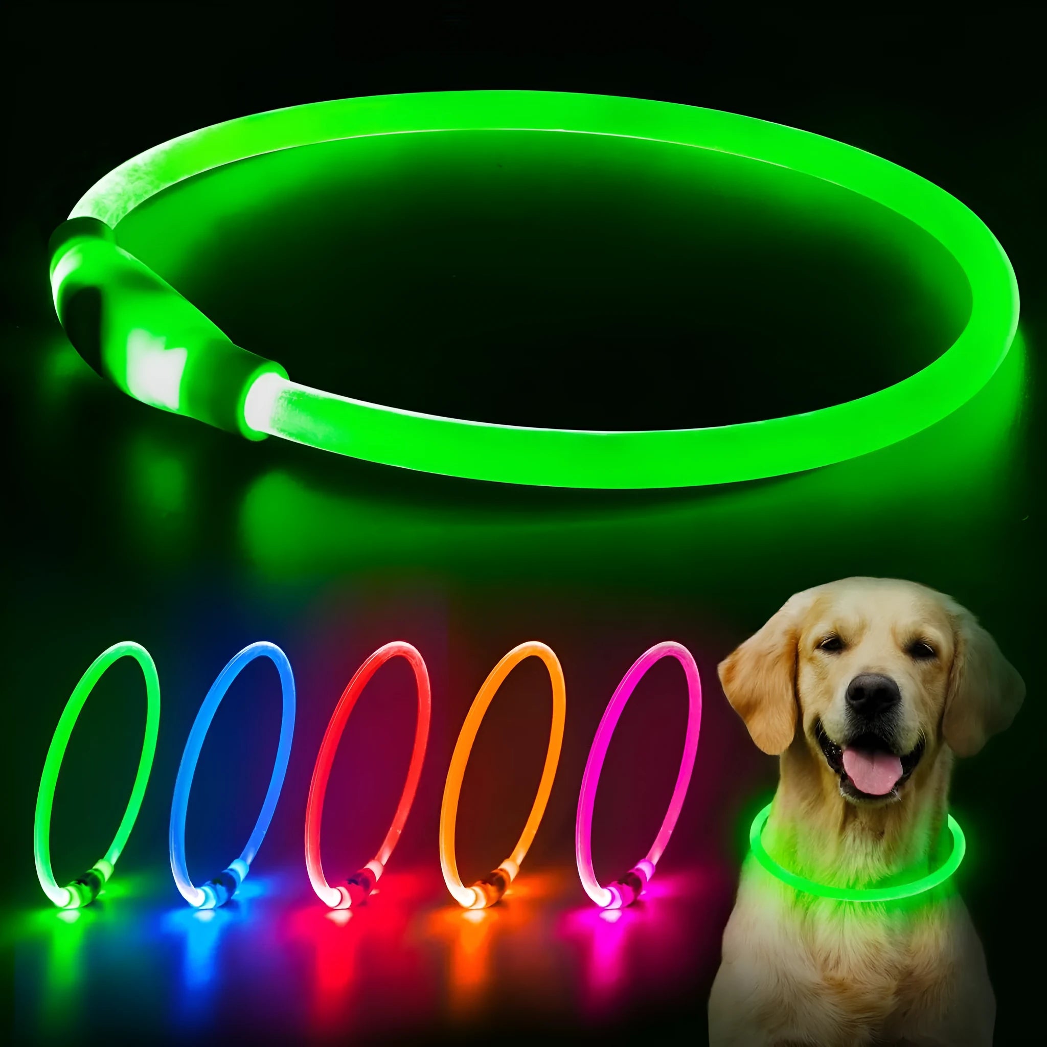 USB rechargeable LED dog collar glowing blue with adjustable TPU strap and ABS light housing
