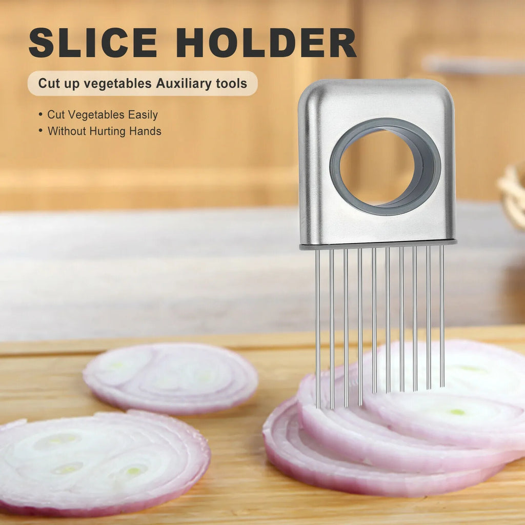 Stainless steel onion holder slicer with prongs and finger guard on a chopping board
