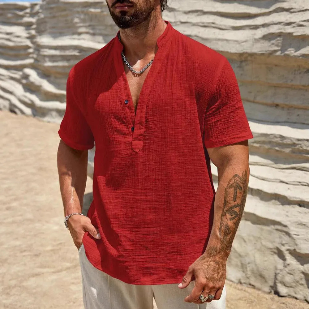 Men's solid colour short-sleeved stand collar shirt in chemical fibre blend fabric