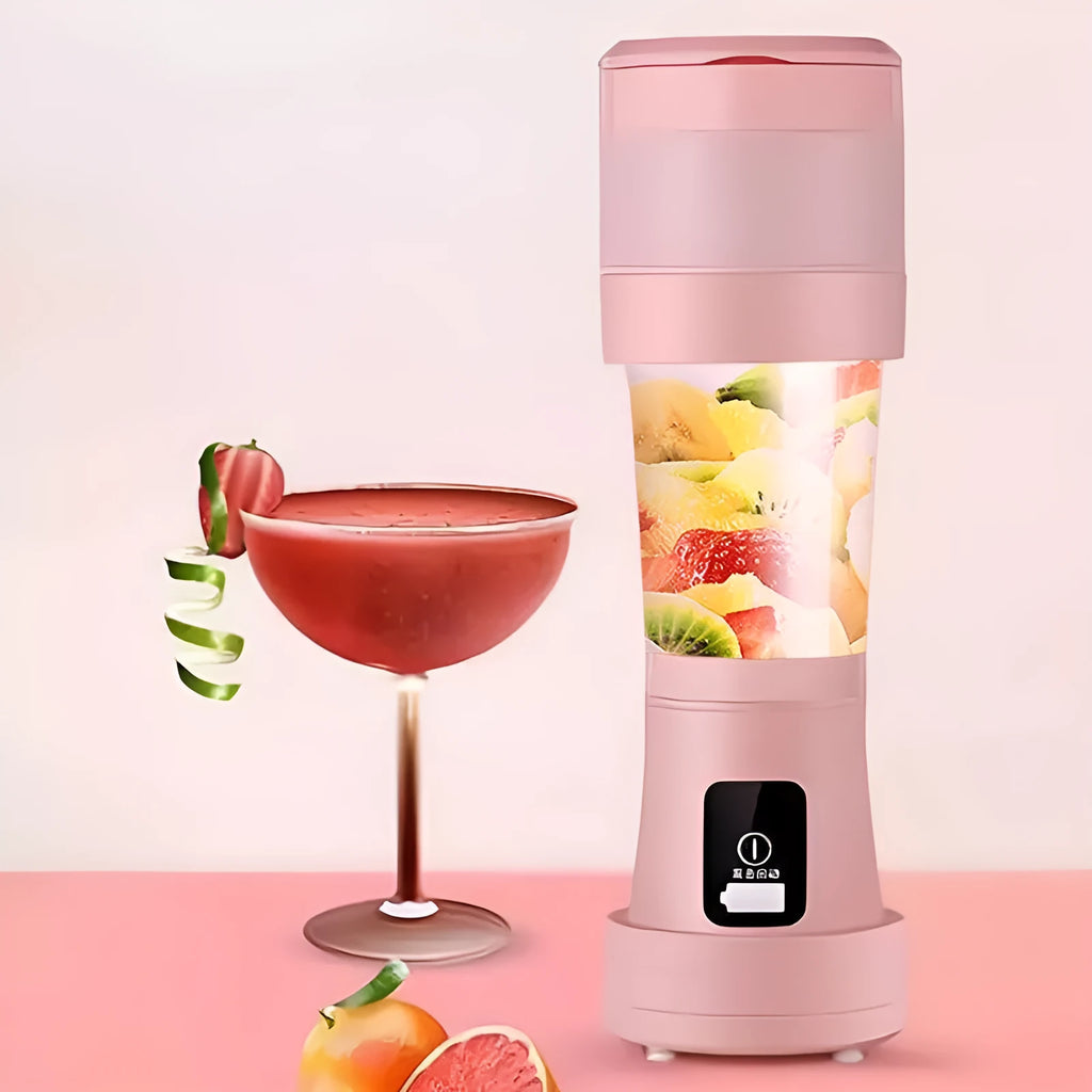 Blue mini portable blender with USB charging port and stainless steel blades, shown extended and collapsed.