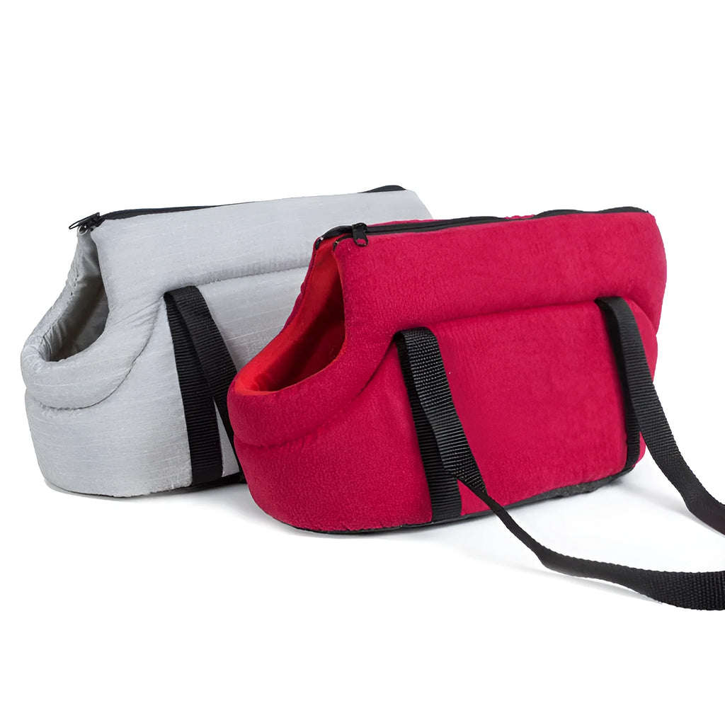 Portable mesh dog carrier bag for small pets, available in Gray and Red, with foldable design