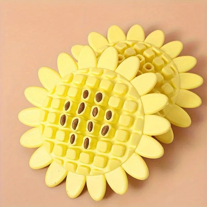 Yellow rubber sunflower dog toy for puppy teething with textured petal surface