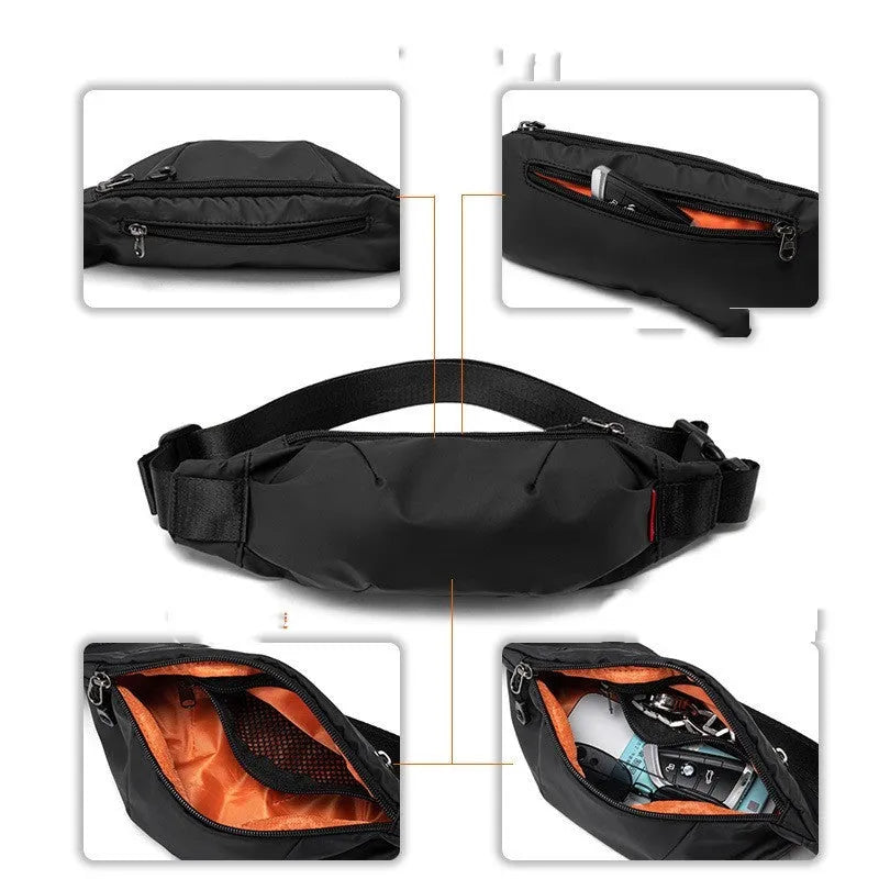 Black Oxford cloth crossbody waist pack for men showing front zipper and internal phone pocket.